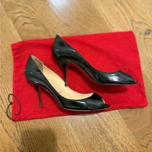 Authentic Christian Louboutin Black Patent Leather Peep Toe Stiletto Heels